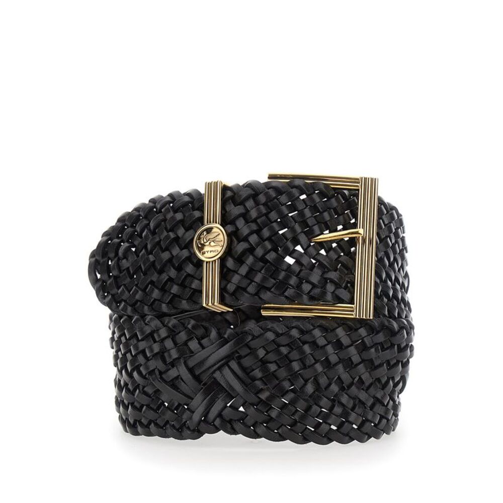 Etro Women Black Belt With Woven Design And Pegaso Logo In Leather For Women